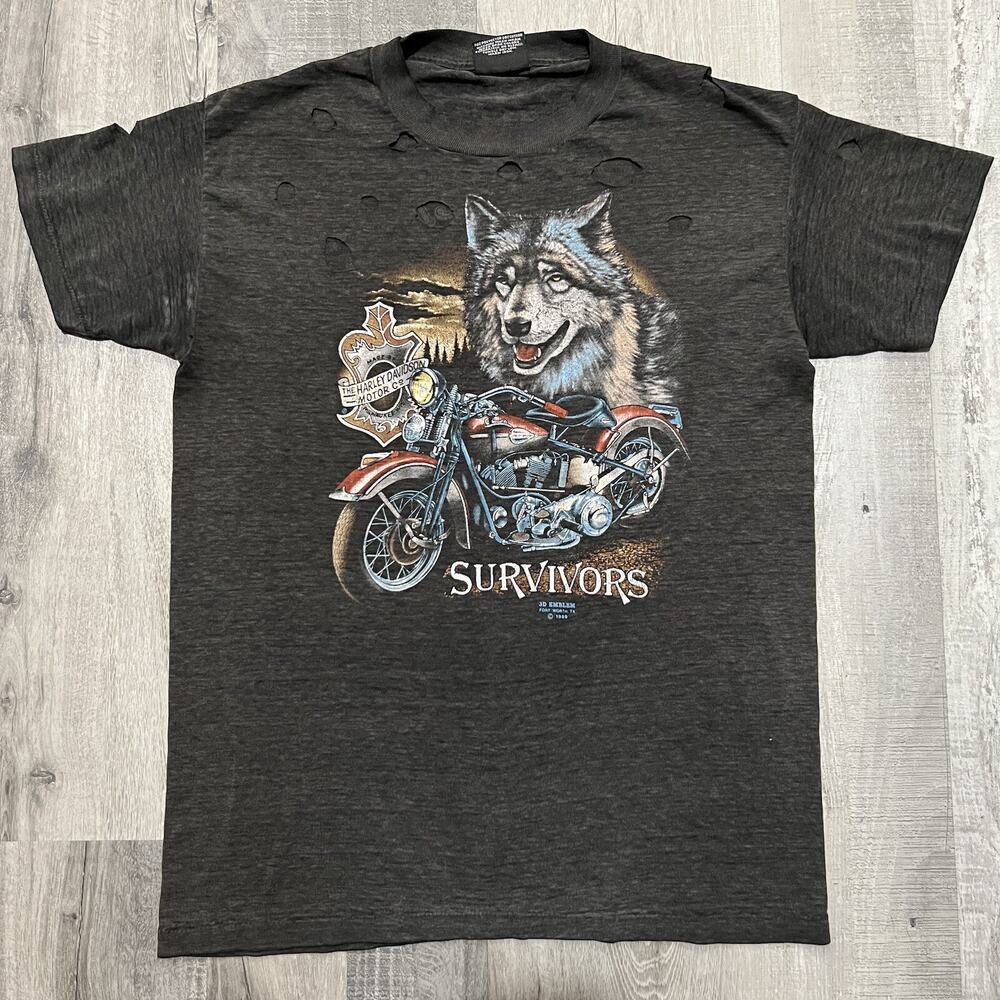 3D Emblem VTG Harley Davidson Paper Thin SURVIVORS Thrashed 1989 Wolf T Shirt L